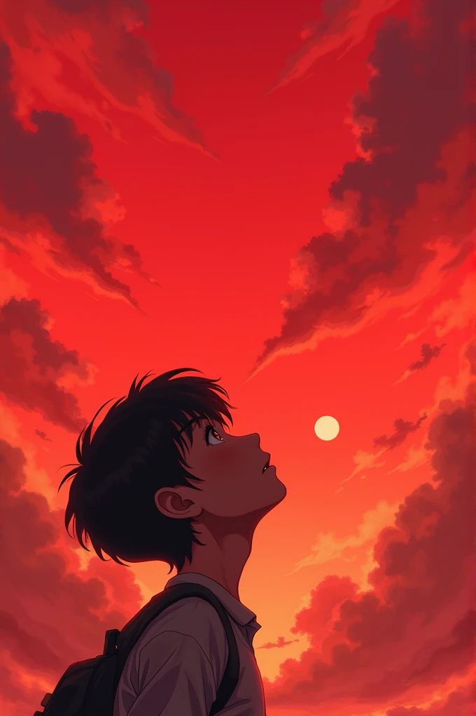 Student looks up at the red sky