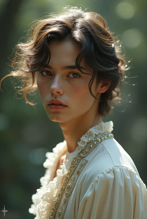 victorian era, young man, ethereal, light wavy hair, black eyes, boyish, beautiful, victorian era clothing,really long hair, dressed in light clothes, soft features, exotic beauty, round face , skinny, man