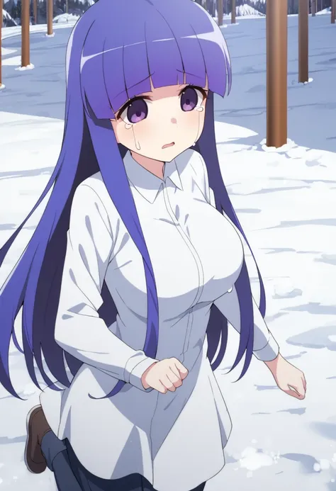 1girl, , furuderika, long hair, purple eyes, blue hair, blunt bangs,,　　, empty eyes , large breasts, , running, ,, heavy snowfal...