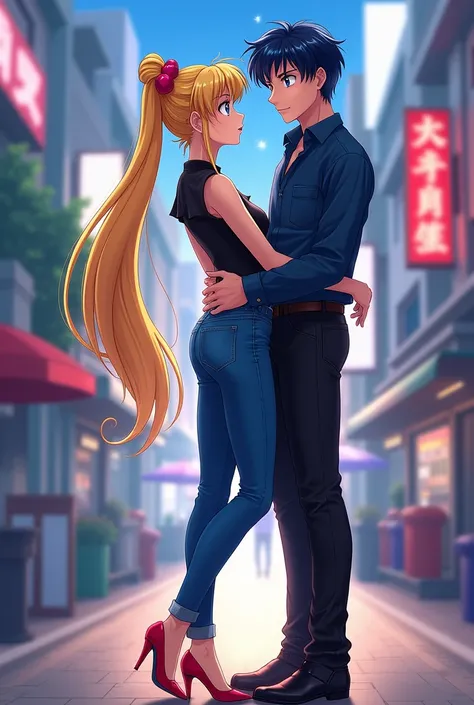 
Smiling adult woman with long blonde hair tied into two high ponytails blue eyes , face identical to the character of Serena Tsukino from the anime series Sailor Moon is a beautiful girl, delgado, She is wearing slightly worn blue jeans, A black blouse ab...