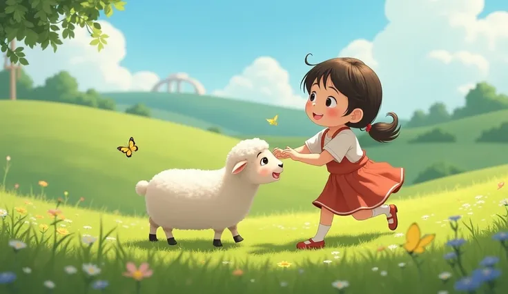 Pixar anime style, A girl and a sheep are playing in the pasture