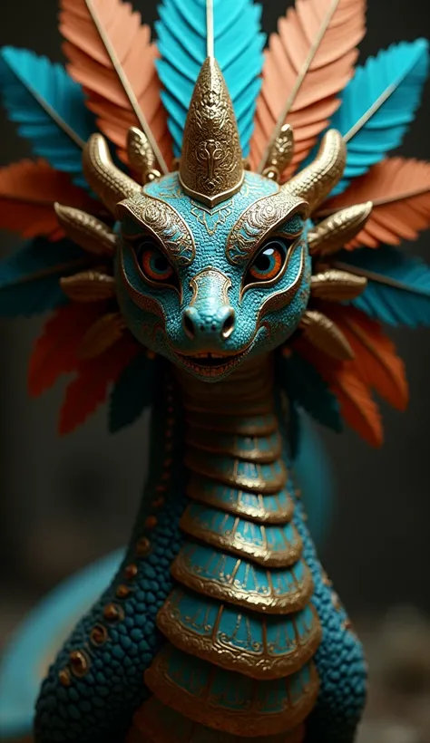 Hyperrealistic photograph with great detail of the Aztec god Quetzalcoatl looking at the camera