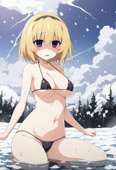 blonde hair, short hair, hairband, Purple eyes, 16years old, , empty eyes , large breasts, solo, , , Heavy snowfall area　Freezing wet crying , flooding lightning inferno running bloodshed, Micro bikini