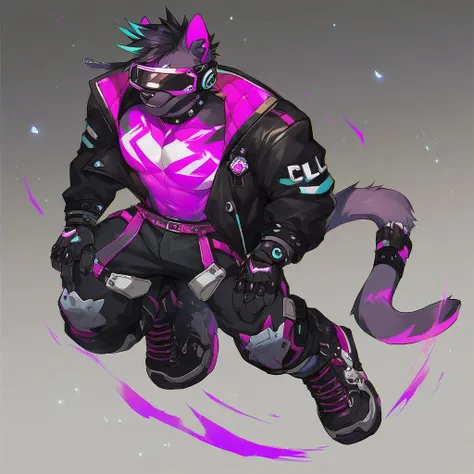 Ciperpunk, score_9, score_8_up, score_8, Male, Robotic body, black metal, furry, cat, black visor, black jacket, full body, black hair, purple neon tail