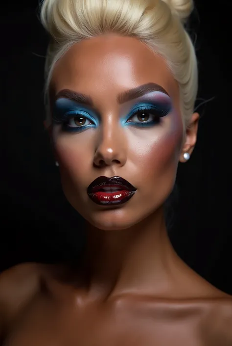 A close-up portrait of a skin male drag queen, wig blonde updo  The subjects head and upper chest are centered in the frame, showcasing their dramatic makeup. Their eyes feature exaggerated  blue eye shadow gradient to black extending towards the temples, ...