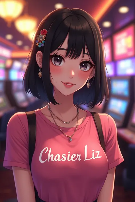 Create a girl with shoulder length black hair wearing a pink t-shirt that says cashier liz looking at the viewer, breasts, blush, smile, Brown hair, jewelry, around it appears casino