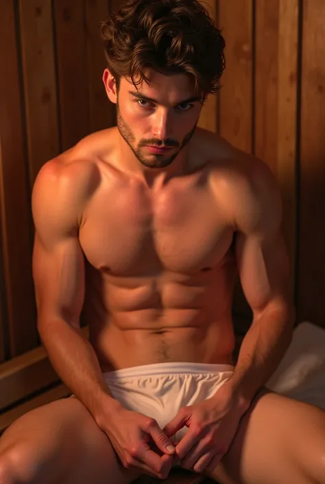 Very handsome pinkish white man, with a sexual and imposing air, gay and in a sauna wearing transparent white underwear and tied up with his mouth open