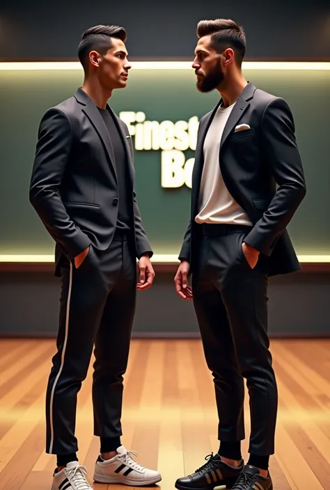 Ronaldo and Messi with good looking clothes and more realistic 
 standing next to each in the dancing studio with background written Finest Boyz 