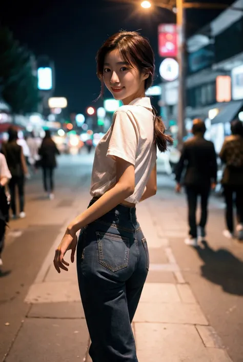 Create an image of a young Korean woman in her 20s walking on the streets of Seoul, Sunset, with ambient lights, The woman who has her hair tied up and brown in color, The woman&#39;s body is slim with a nice butt and is dressed in casual clothes and white...