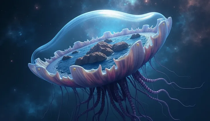 generates the image of a gigantic cosmic jellyfish sailing through space, majestic and ethereal, with its translucent umbrella dome that reveals an impressive aquatic world inside. Through the dome, You can see a vast ocean covering much of its internal su...