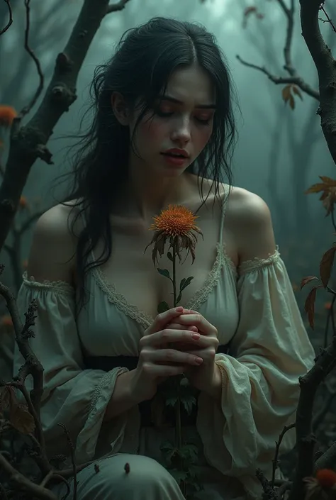 beautiful woman desperately crying for the death of a withered flower in a forest environment and withered vegetation
