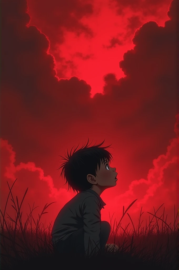 Scared child looking at the red sky