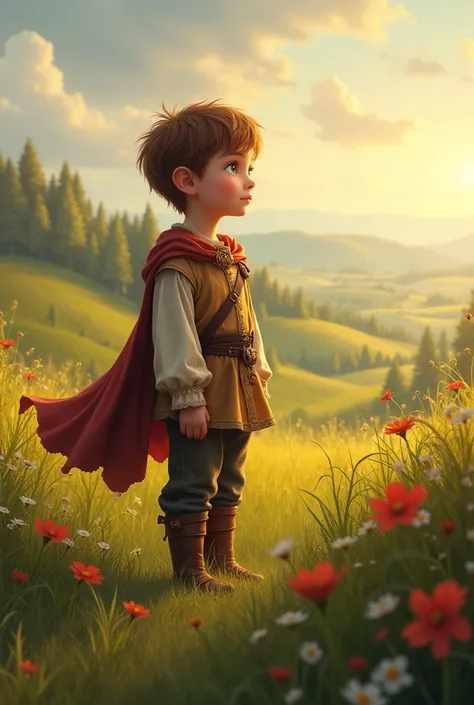 Create a boy with brown hair and blue eyes in a medieval outfit in the royal field looking at the horizon 
