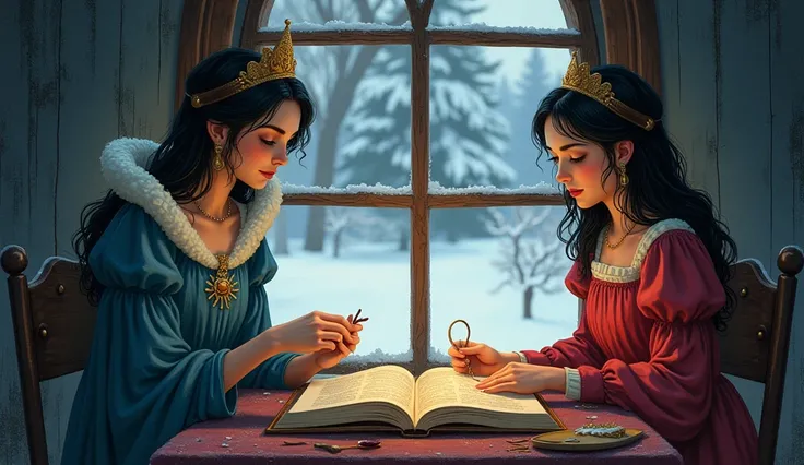 create a book as background, on that page, it reads: Once upon a time, in a faraway kingdom, there lived a kind and beautiful queen. One winter’s day, while she was sewing by a window framed with ebony wood, she pricked her finger, and three drops of blood...