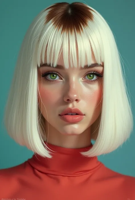 A woman with shoulder-length straight hair, in which it is lower at the top and becomes more voluminous, painted white, glue the brown roots, green eyes and fair skin but not too much.  80s series style