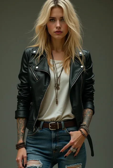 A young woman with long blonde hair, disheveled by the wind, with a 70s inspired look. She wears a black leather jacket over a faded t-shirt., ripped jeans and leather boots. Shes in a confident pose, His eyes convey a defiant look, mas ao mesmo tempo, the...