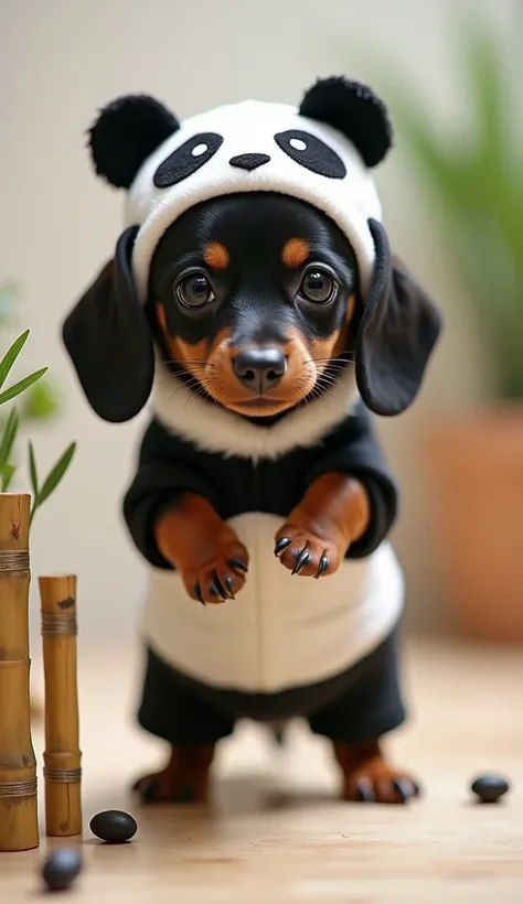 Cute black and white baby dachshund standing on its hind legs、Cute panda clothes、Cute panda hats for the house、masterpiece, Background Blur, Cuteness that women love、Cute bamboo accessories、