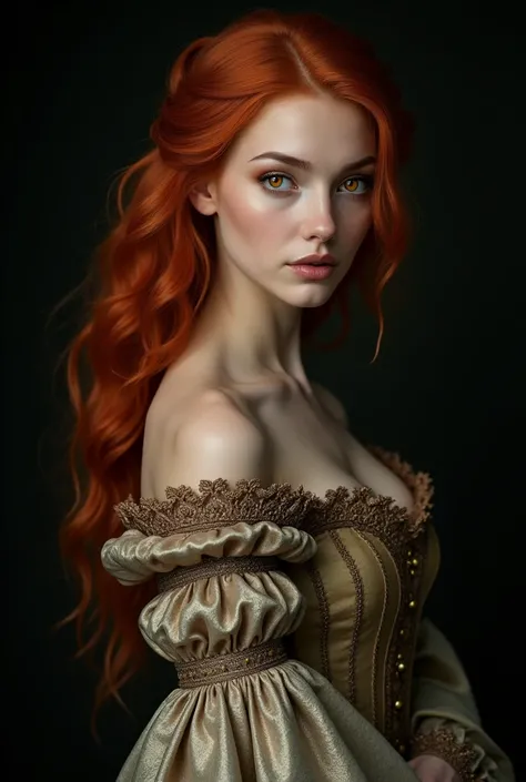 a beautiful woman in full body, with luminous orange eyes, Red hair, medieval clothing, hyper realist, black backdrop.