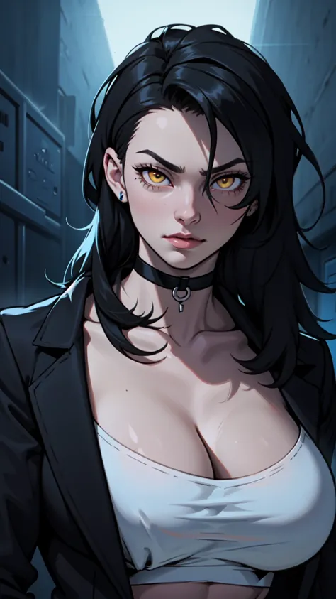 crazy eyes black hair yellow eyes pale skin dark atmosphere girl huge muscles feminine choker choker choker choker choker choker choker choker choker choker choker choker