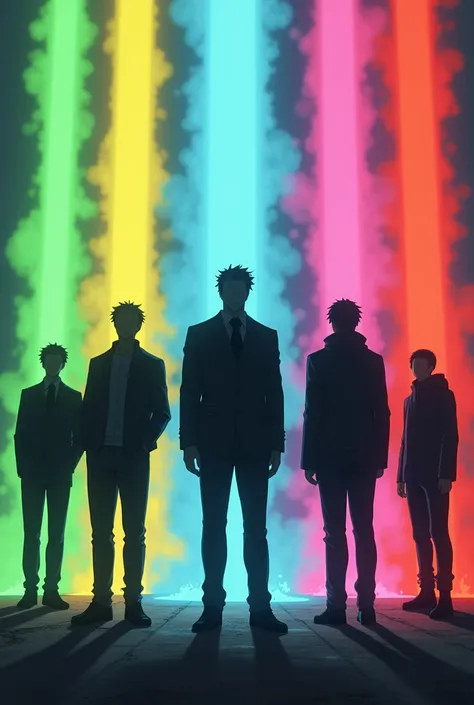 7 silhouettes of men and each one with auras of colors: Unripe , rot , cerulean, orange , gris , white and pink. (obs: Make anime style)