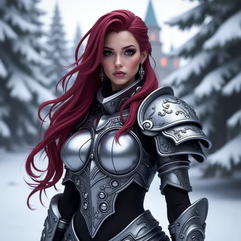 Masterpiece, Ultra-realistic, intense  sensuell Dark red-Makeup Eye shadows1,8,  details  perfect face, 4k fantasy art of a  female paladin in  black futuristic armor. The armor has a  intricate details. She is standing in a snowy forest, and the backgroun...