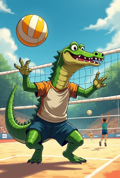 Anime Alligator playing voleiball 