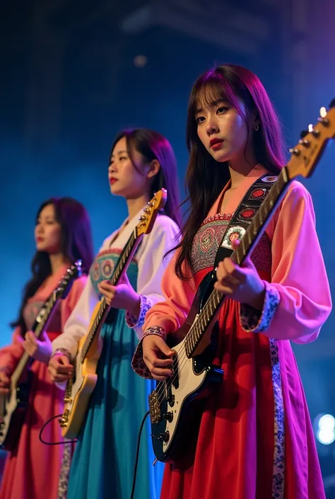 Korean hardcore female band wearing hanbok and playing bass guitar on stage ,I can see the side view of him playing the electric guitar