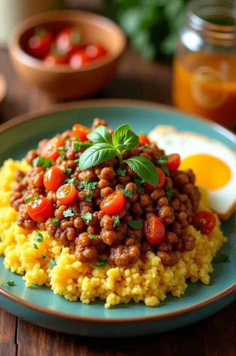 Lentil chorizo accompanied by yuca and scrambled wheat with egg 