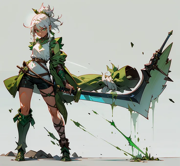 1female, dark skin, medieval clothing, sleeveless clothing, shorts, green spiked leg brace, white hair, tied up hair, brown and green gauntlet, holding giant green shattered sword, white background, detailed sword