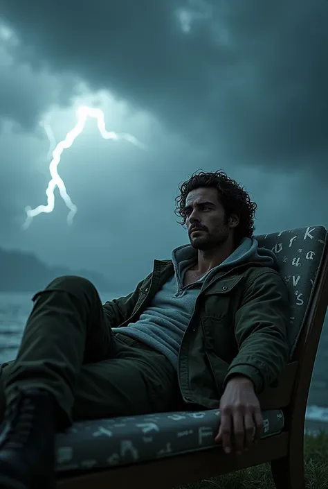 (photorealism:1.2), strong handsome Man, laying on Ayoub word , wearing hody , pockets pants, long curly hair, , scary lightning, clouds in back ground,thunder storms, on the sky,  relaxed pose, realistic, intricate details, cold pictures colors, 