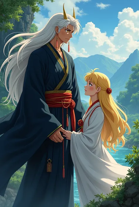 Sesshomaru from the anime Inuyasha, with a blonde girl 