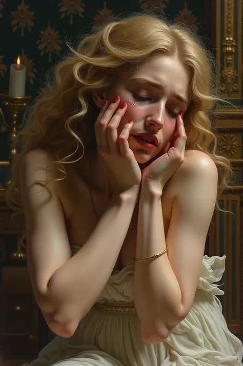 The Greek goddess Aphrodite crying inconsolably in her room 