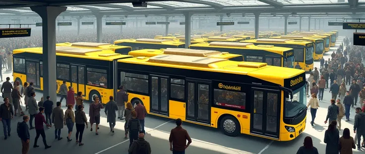 Generate an image of a bus terminal with buses in yellow and black colors,with many passengers
