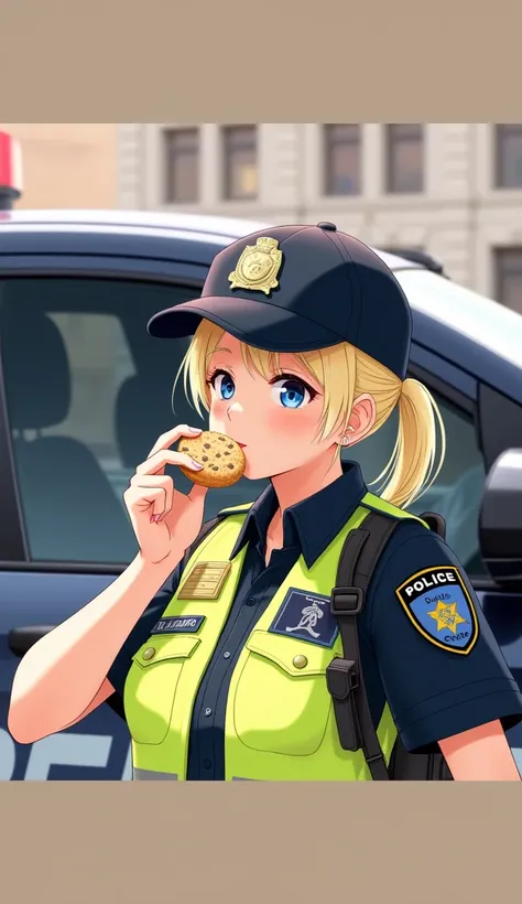 A female police officer(Woman) is near your car eating a cookie, She is wearing a police uniform and all the police equipment.  Your vehicle is black. 