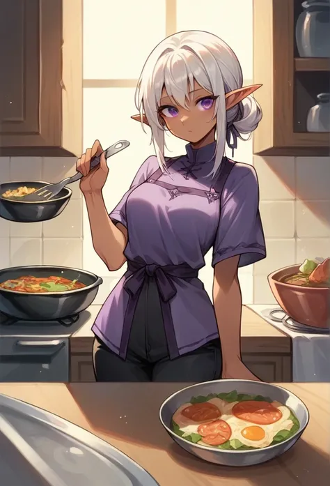 Anime Tan skin female Elf with long silver hair, purple eyes, wearing a purple tunic and black pants in a kitchen cooking a seafood dish