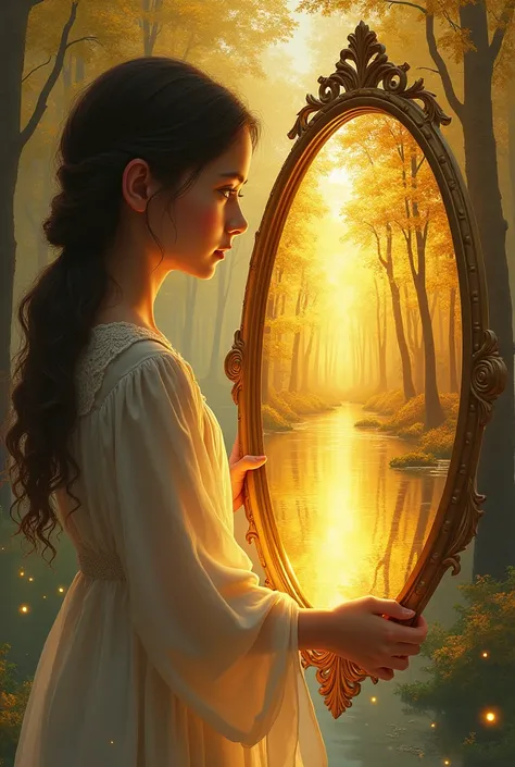 Cover for a book called "the mirror of wind" and let the mirror be held by a girl, and the mirror reflects a golden forest 