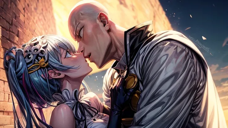 saitama one punch man giving a kiss to rem ( re: zero)