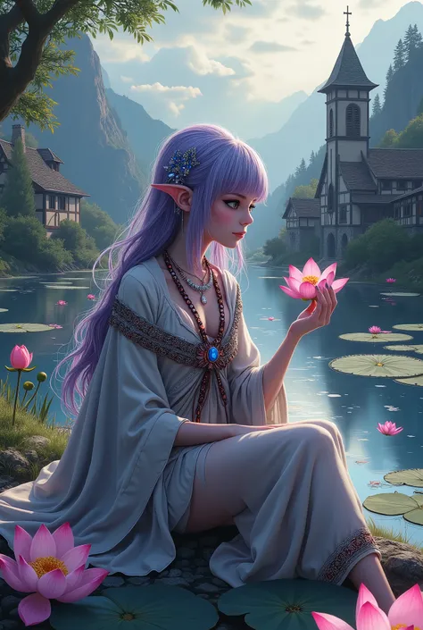 (Ultra-detailed face, looking away, Fantasy Illustration with Gothic, Ukiyo-e, Comic Art, dark tone colors), 
BREAK 
(This is a small mountain village in a medieval European style. From the hilltop, a pond filled with abundant water can be seen, and lotus ...