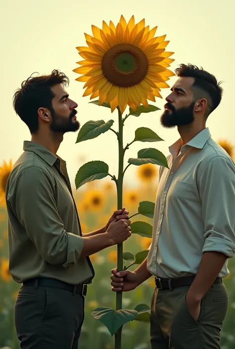 An image of a 2 man that reflects this text, plucking petals from a sunflower and sighing 