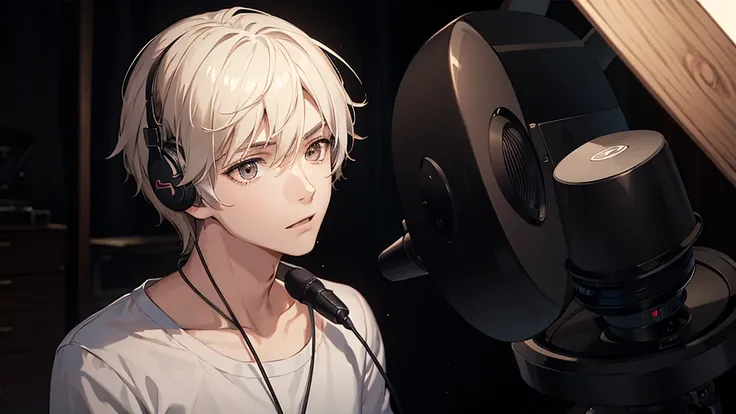 A young white man with brown eyes, in anime style, is speaking into a podcast microphone with a hopeful expression. He is positioned on the right side of the image, with a cozy studio background featuring soft lighting and podcasting equipment