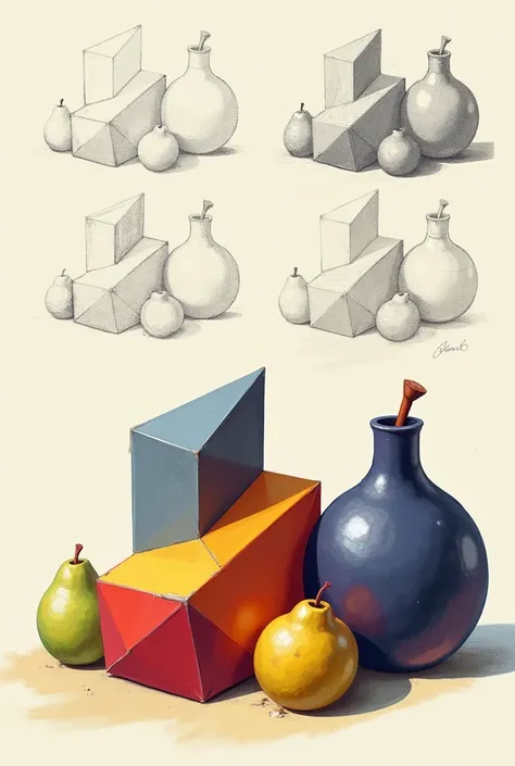 make 3 steps starting from sketch then shading and coloring in the picture of cubist objects and cylindrical fruit (3 objects only) 