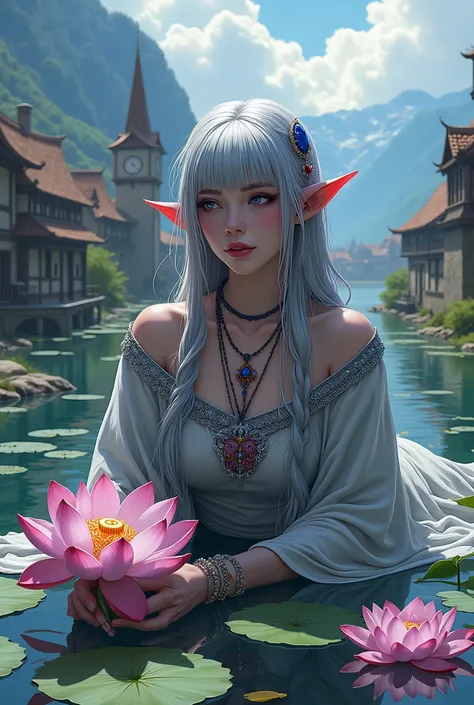 (Ultra-detailed face, looking away, Fantasy Illustration with Gothic, Ukiyo-e, Comic Art, dark tone colors), 
BREAK 
(This is a small mountain village in a medieval European style. From the hilltop, a pond filled with abundant water can be seen, and lotus ...