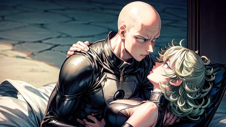 saitama one punch man giving a kiss to tatsumaki