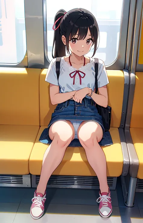 Cute short sleeve shirt、Denim mini skirt、thin脚、thin、ponytail、ribbon、Colorful sneakers、sit in a train seat、from the front、Lace panties、Double Peace、Great smile