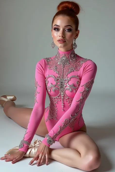 1 beautiful woman wearing a bright pink long-sleeved gymnastics leotard (Lycra) made of precious stones.(Leotard 7.5:0.8),long sleeve, Long sleeve turtleneck leotard, Beautiful and luxurious concept photo. High quality 8k. no errors.long-sleeved RSG leotar...