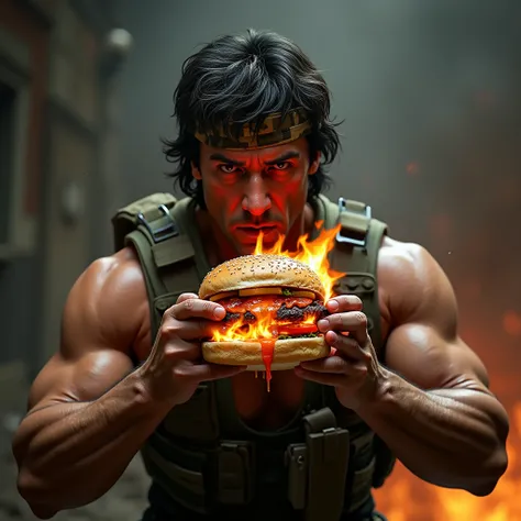 Fire burger being eaten by Silvester Stallone dressed as Rambo