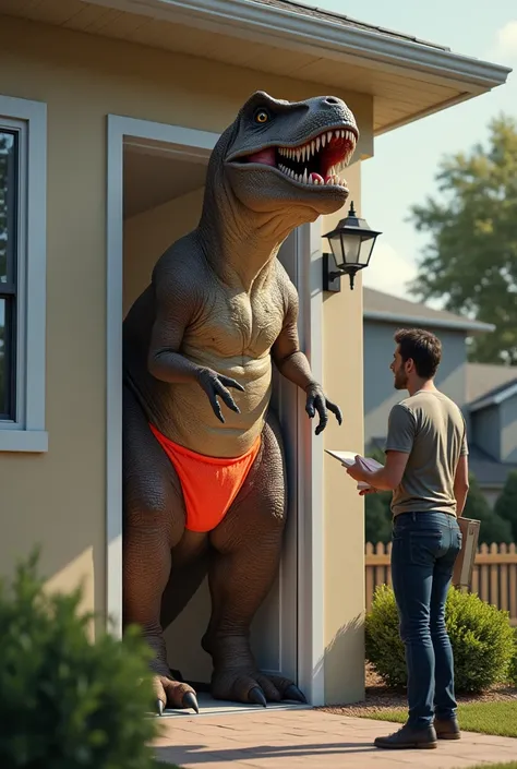 Dinosaur in a thong opening the door for a delivery man 