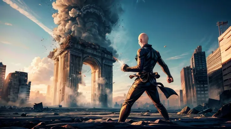 saitama one punch man fighting face to face with tatsumaki , ultra realistic, with buenos aires destroyed city background