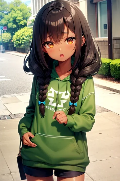 1girl, dark skin, long brown hair, braids, brown eyes, hair covering eyes, sleeves past wrist, green hoodie, blue shorts, open mouth