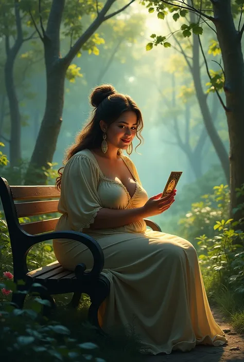 A beautiful mid aged curvy chubby  lady holding a arcana in her hand waiting on a garden bench in a enchanted forest and her face looks as if she is waiting for someone to come and get it